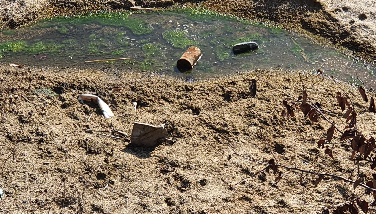 11일 낮 춘천 동면 장학리에 위치한 노루목저수지. 농업용수 공급기능을 상실하면서 드러낸 저수지 바닥에 각종 쓰레기와 고인물이 뒤섞여 있다. (사진=신관호 기자)