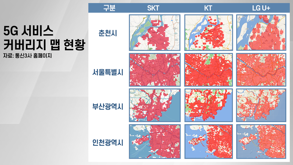 통신 3사의 5G 커버리지 지도. 빨간점이 5G 서비스 가능권역을 나타낸다./(그래픽=박지영 기자)