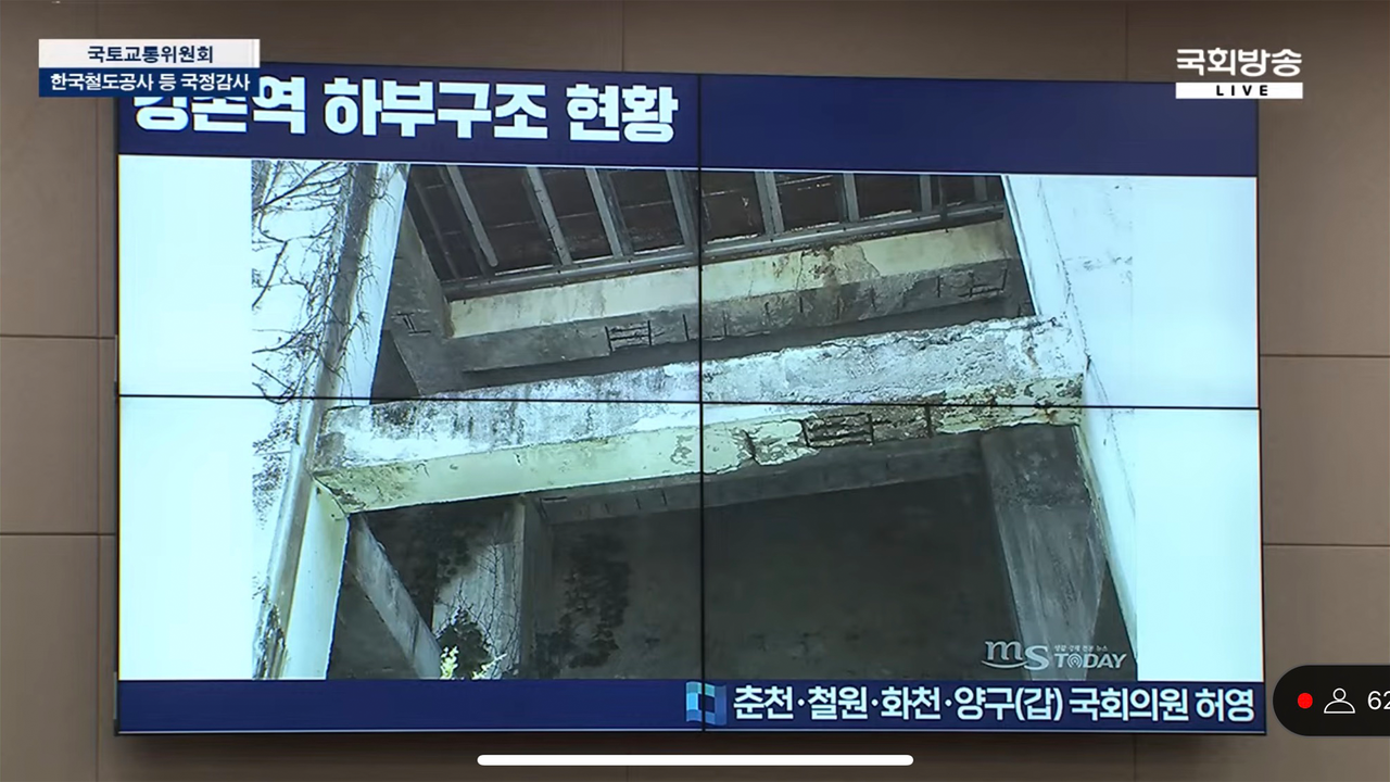 허영 의원이 김한영 국가철도공단 이사장에게 MS투데이가 촬영한 옛 강촌역 노후화된 모습을 화면을 통해 보여주고 있다. (사진=국회방송)