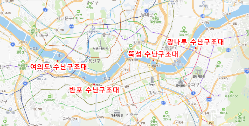 서울소방본부는 여의도·뚝섬·반포·광나루 4개 권역에서 수난구조대를 운영하고 있다. (그래픽 재구성=박수현 기자)