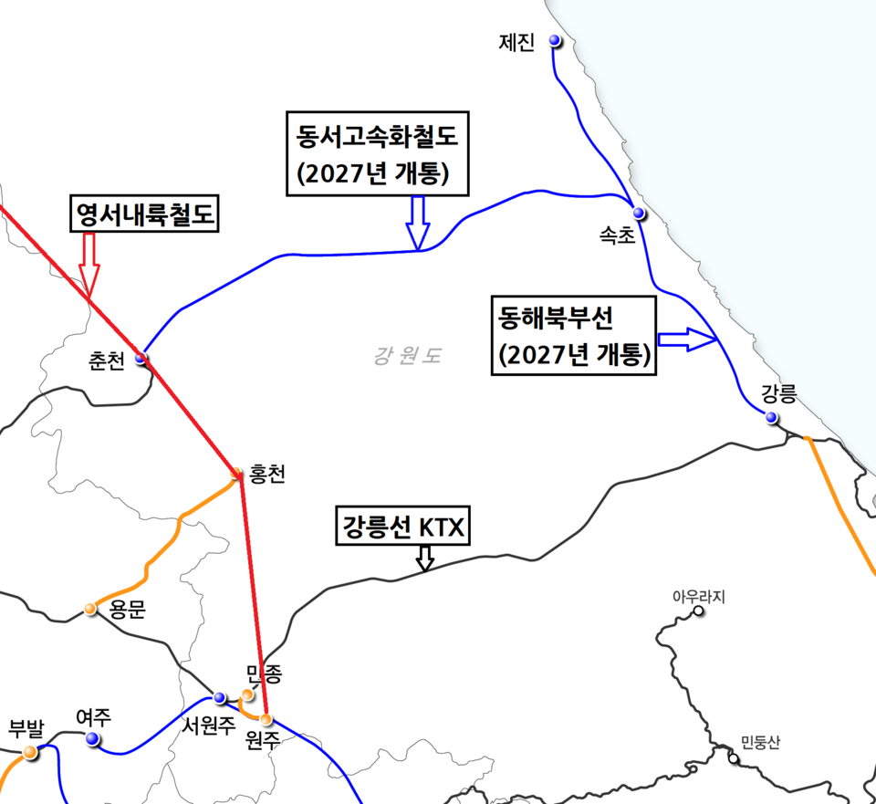 제4차 국가철도망 구축계획 계획도에 영서내륙철도(빨간선)를 추가한 그래픽. (그래픽=박수현 기자)