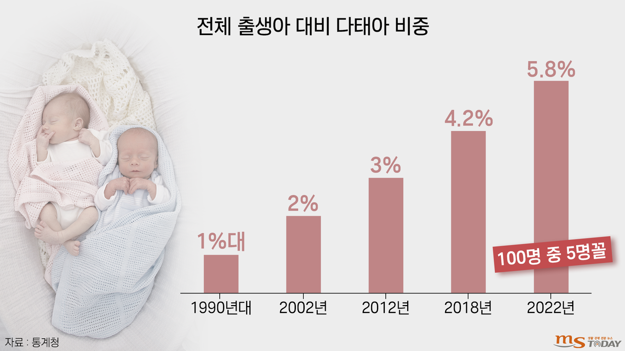 전체 출생아 가운데 다태아 출생 비율이 꾸준히 상승하고 있다. (그래픽=박지영 기자)